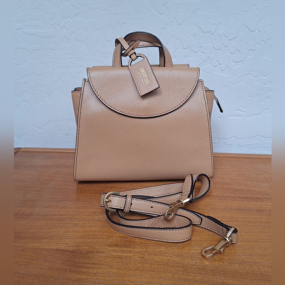 Kate Spade Tan Leather Satchel Crossbody Structured Trapezoid Camel Neutral NEW - Picture 3 of 15